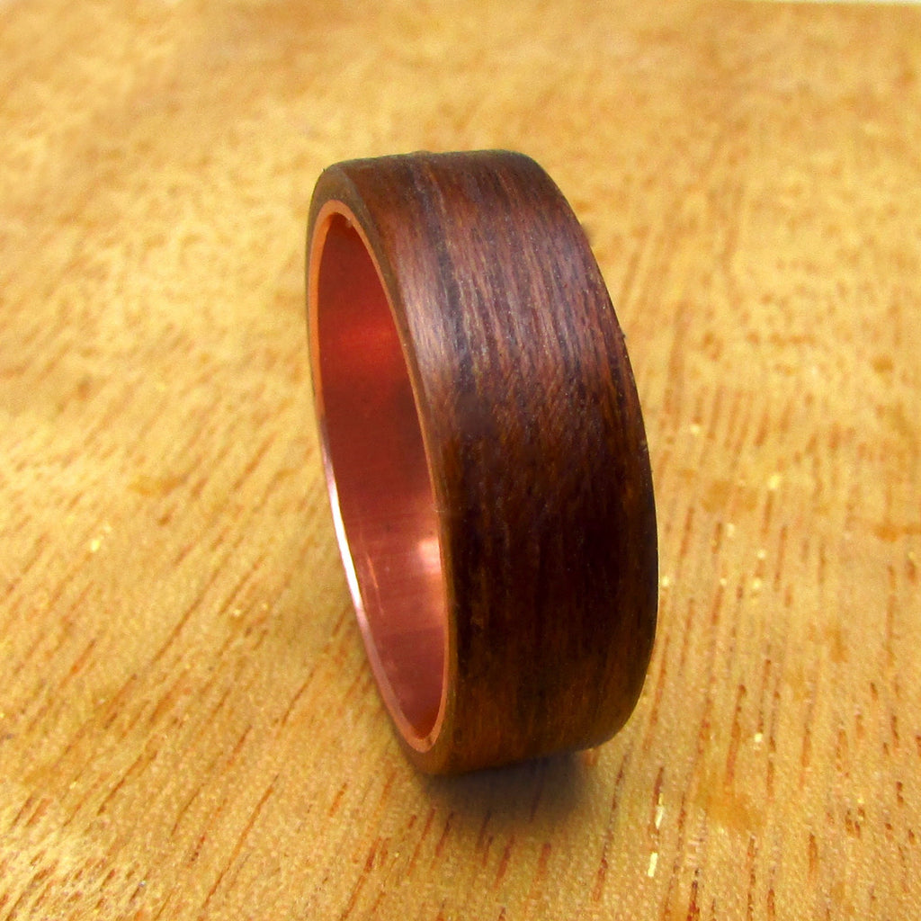 Teak wood wedding ring, Mens wooden ring, boho 7 year anniversary gift for husband, wood and copper wedding band, rustic jewelry for men