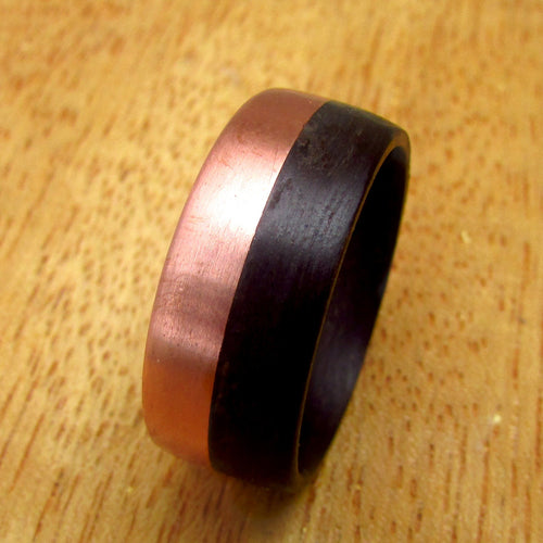 Black eucalyptus wood and copper ring for men and women, matte wooden wedding band custom made to size, Yin yang inspired wedding ring