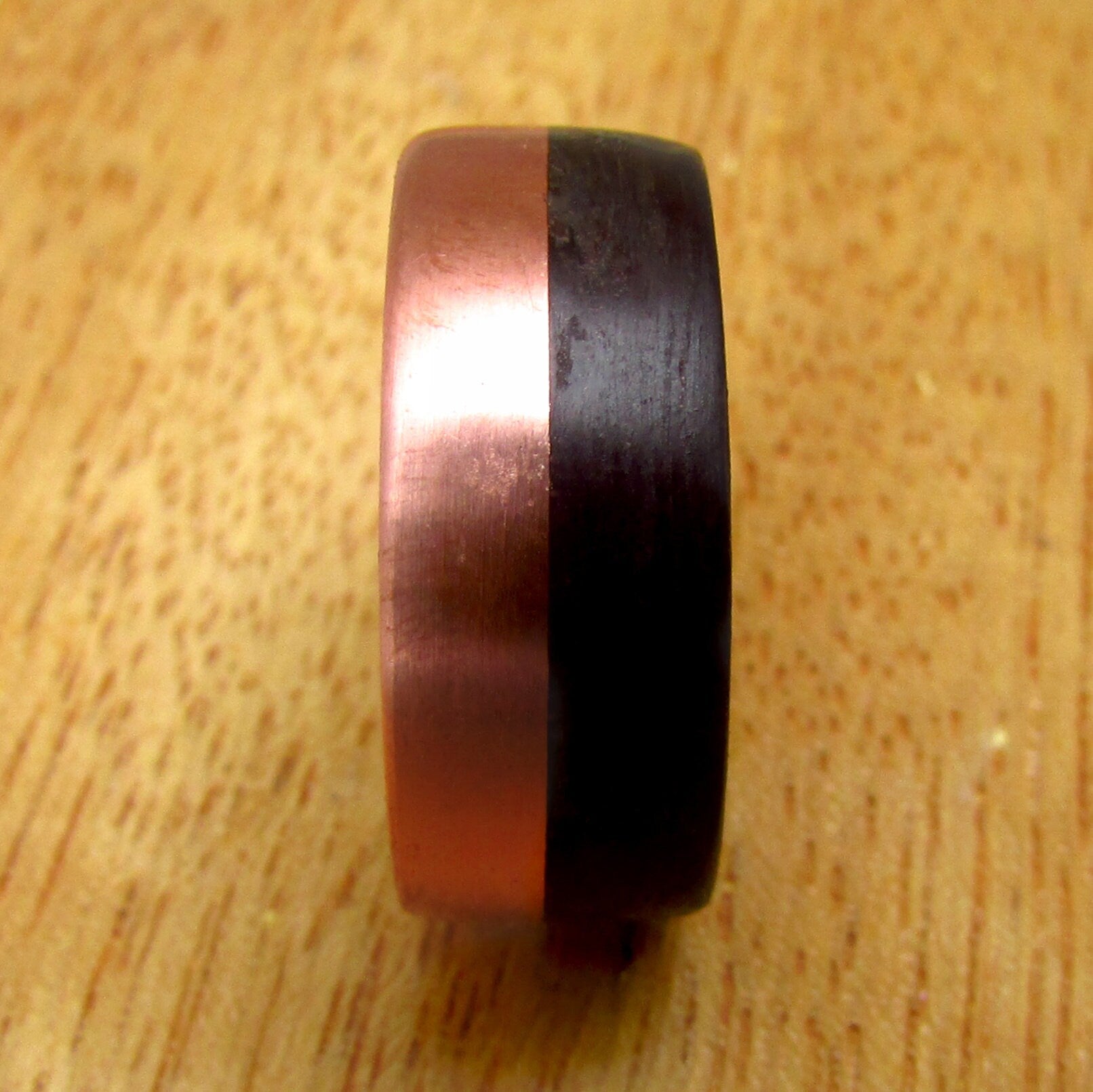 Black eucalyptus wood and copper ring for men and women, matte wooden wedding band custom made to size, Yin yang inspired wedding ring