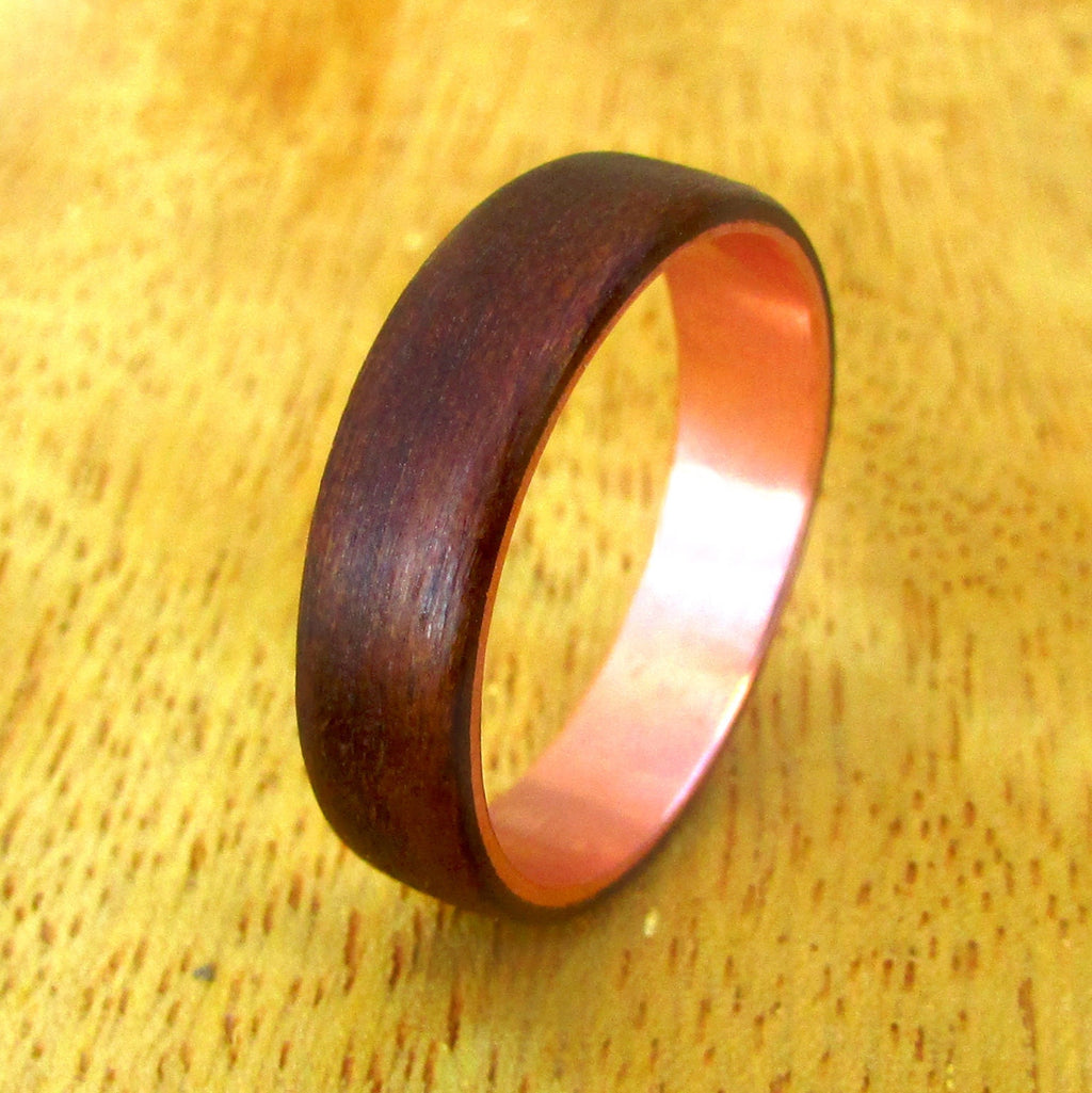 Dark aspen wood wedding band, Wood and copper ring men, unique 5 year anniversary gift for him, hipster wedding ring, sustainable jewelry