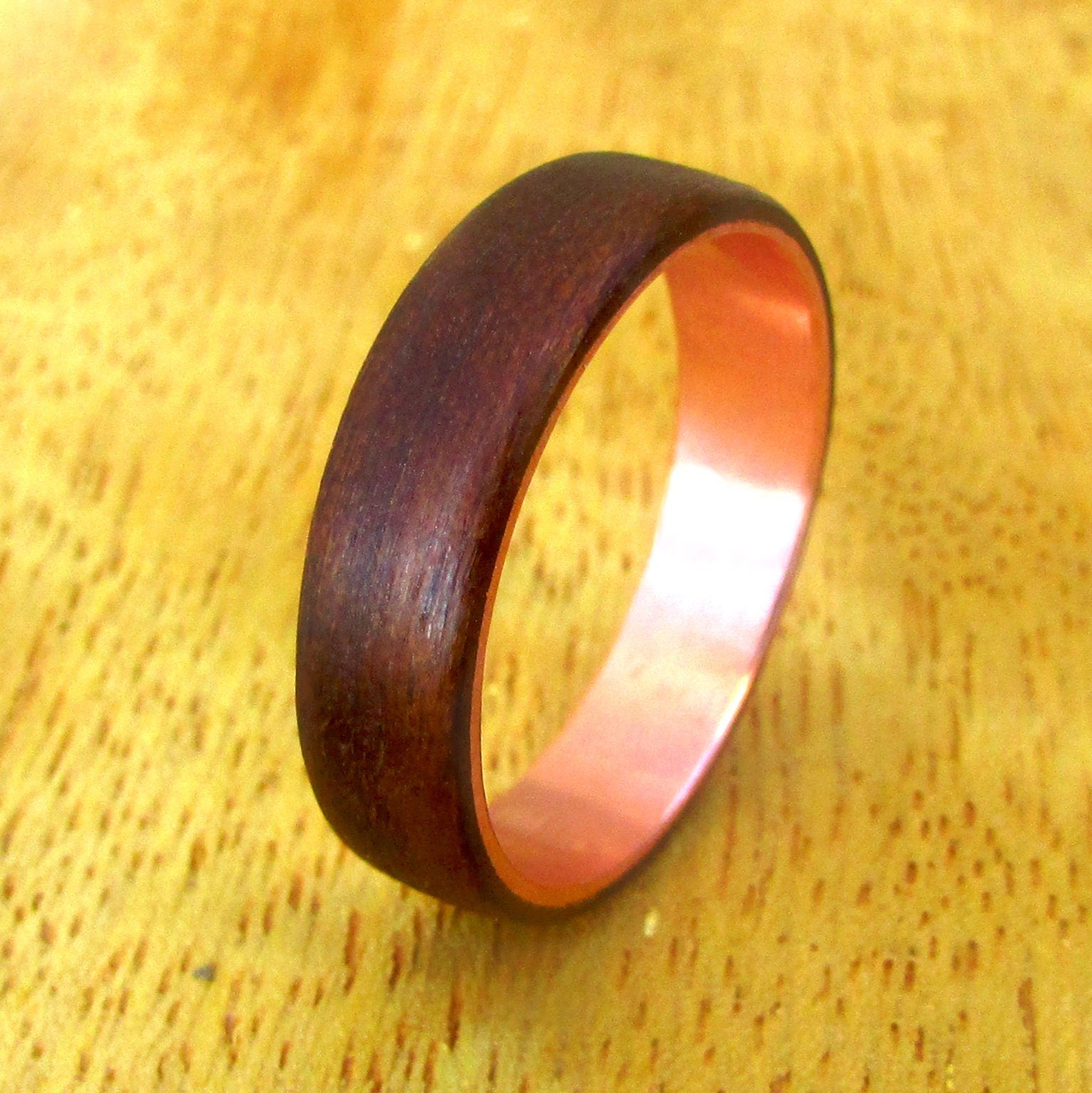 Dark aspen wood wedding band, Wood and copper ring men, unique 5 year anniversary gift for him, hipster wedding ring, sustainable jewelry