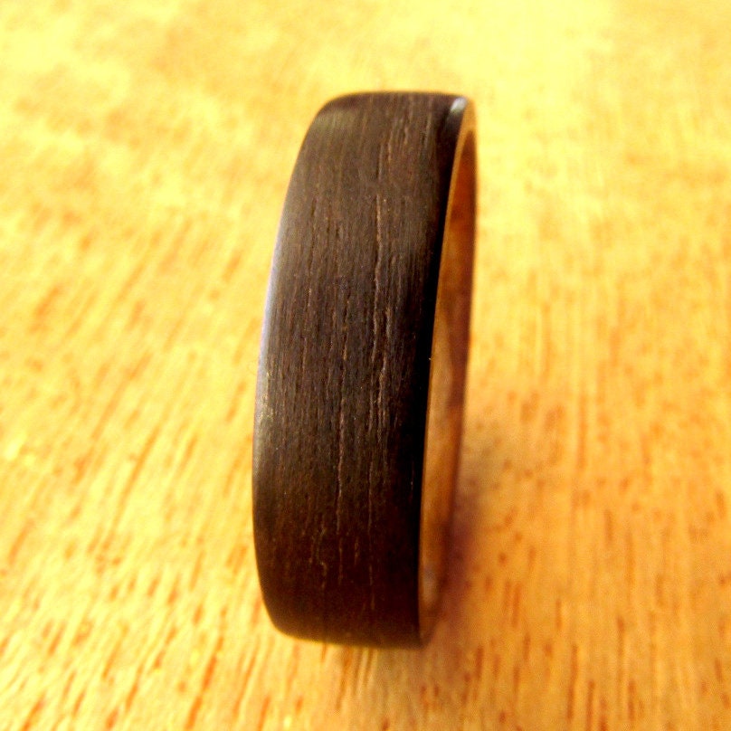 Ebony wood and whiskey barrel oak bentwood ring, all wood wedding ring for him or her, 5 year anniversary gift for husband, US size 0-16