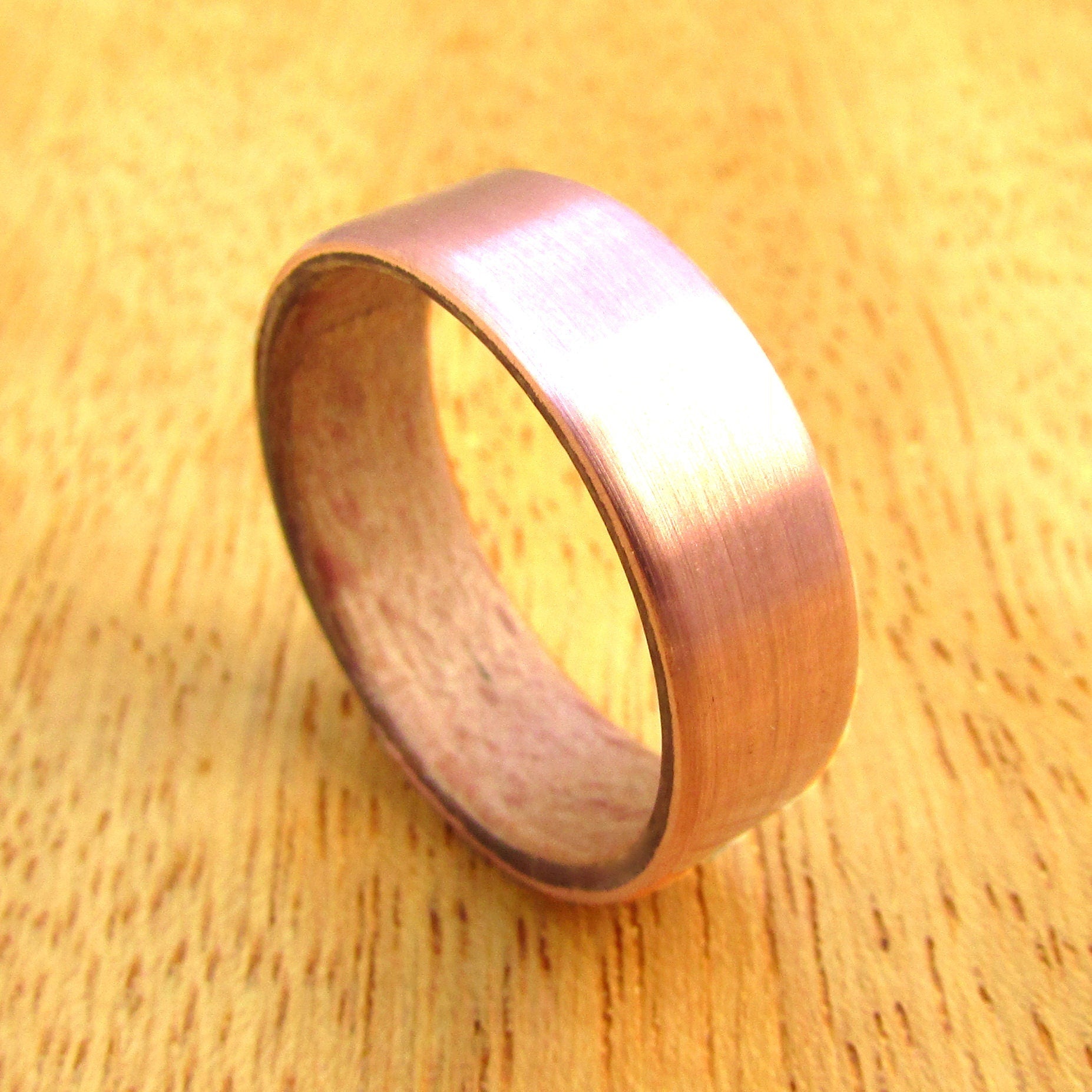 Copper and beech wood inlay ring, Pure copper wedding band, alternative gift for 7 year anniversary, rustic wooden wedding ring for him her