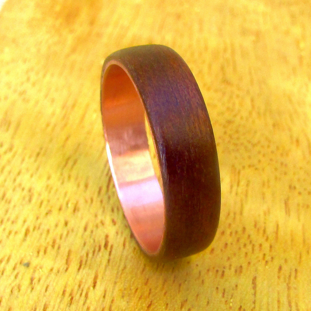 Dark aspen wood wedding band, Wood and copper ring men, unique 5 year anniversary gift for him, hipster wedding ring, sustainable jewelry