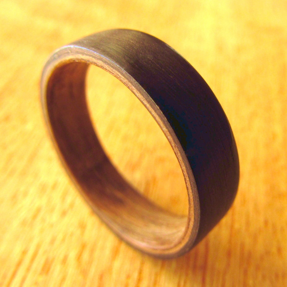 Ebony wood and whiskey barrel oak bentwood ring, all wood wedding ring for him or her, 5 year anniversary gift for husband, US size 0-16