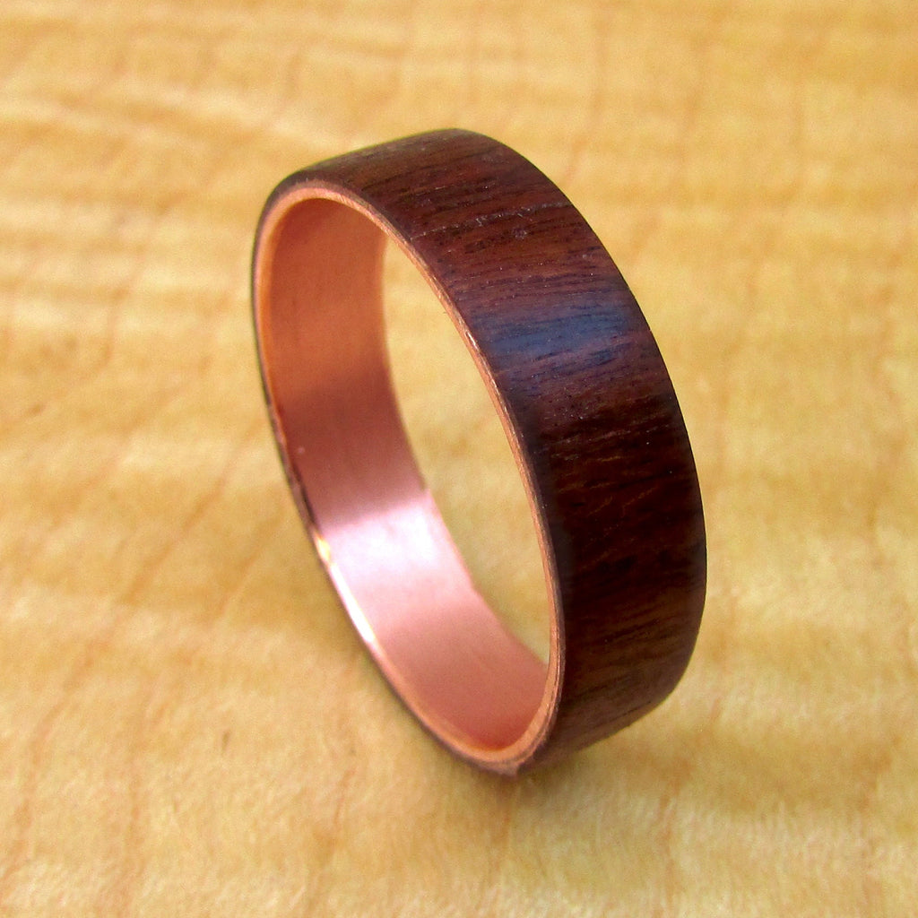 Santos Rosewood, copper and wood wedding band, against the grain wooden cool ring, unique nature lover gift, perfect for outdoors wedding